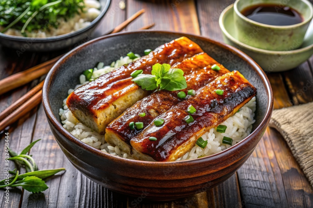 Freshly cooked fluffy rice bowls with succulent grilled eel, crunchy scallions, and crispy nori, all drizzled with rich and savory unagi sauce. Freshly cooked fluffy rice bowls with succulent grilled eel, crunchy scallions, and crispy nori, all drizzled with rich and savory unagi sauce.