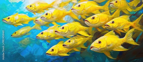 Vibrant painting of a dense school of yellow sweetlips fish in a striking underwater scene showcasing the beauty of marine life during a diving adventure