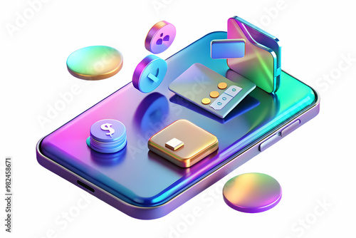 Wallpaper Mural Holographic Smartphone with Floating Payment Icons on Glossy White Surface, Emphasizing Digital Transactions and Vibrant Glowing Elements in a Modern Photo Stock Concept Torontodigital.ca