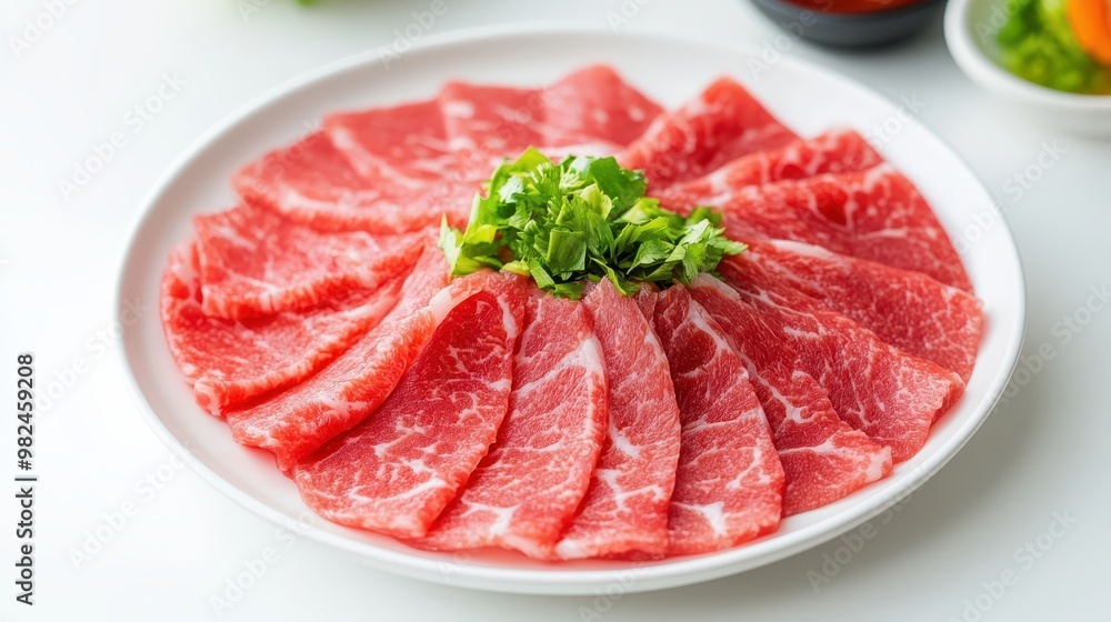 Thinly sliced raw beef for hot pot, vibrant red, on a white background. Thinly sliced raw beef for hot pot, vibrant red, on a white background.
