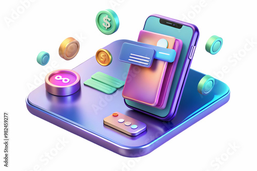 Wallpaper Mural 3D Holographic Smartphone with Floating App Icons & Blank Copy Space for Modern Branding on Isolated White Background Torontodigital.ca