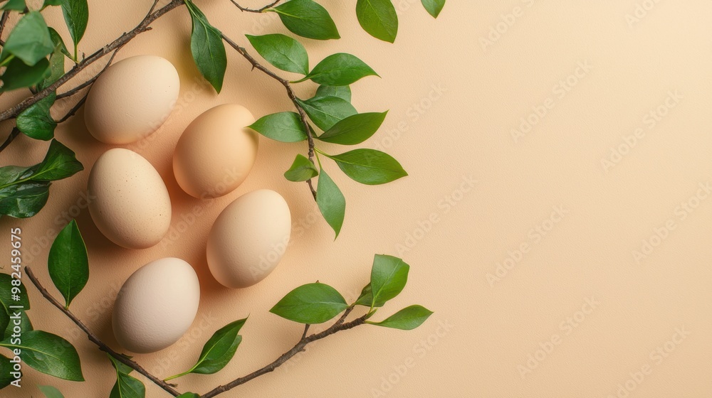 Easter Eggs and Green Leaves on Beige Background. Easter Eggs and Green Leaves on Beige Background.
