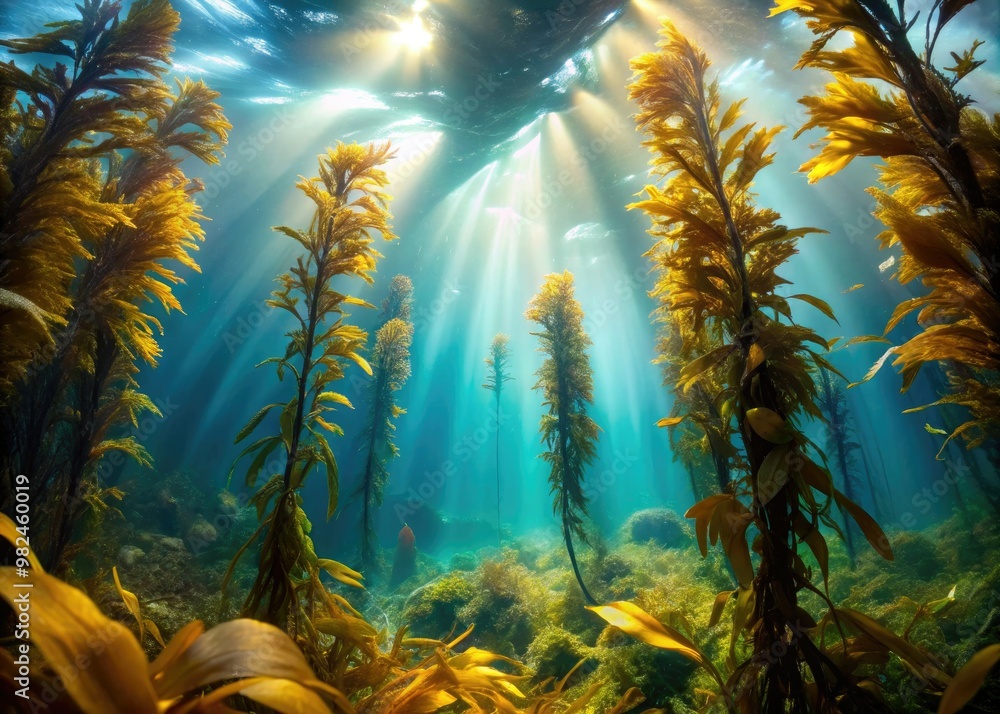 Gentle ocean currents caress the kelp forests, causing soft undulations of emerald and golden seaweed as they sway back and forth in unison. Gentle ocean currents caress the kelp forests, causing soft undulations of emerald and golden seaweed as they sway back and forth in unison.