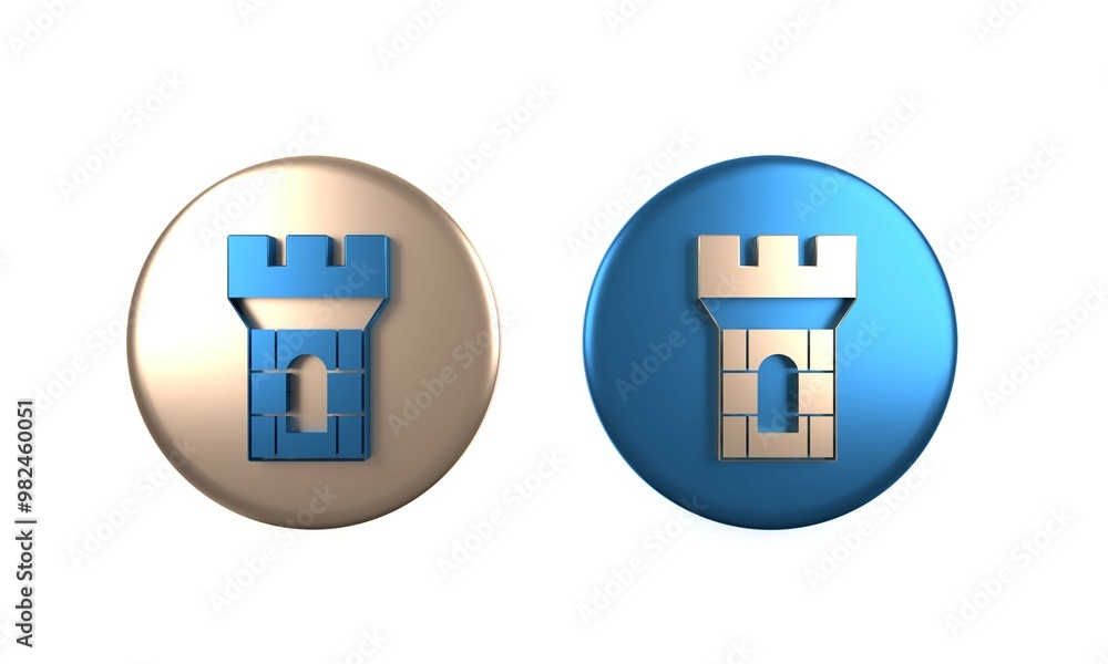 Colorful Castle tower icon isolated on white background. Fortress sign. Circle button. 3D render illustration Colorful Castle tower icon isolated on white background. Fortress sign. Circle button. 3D render illustration