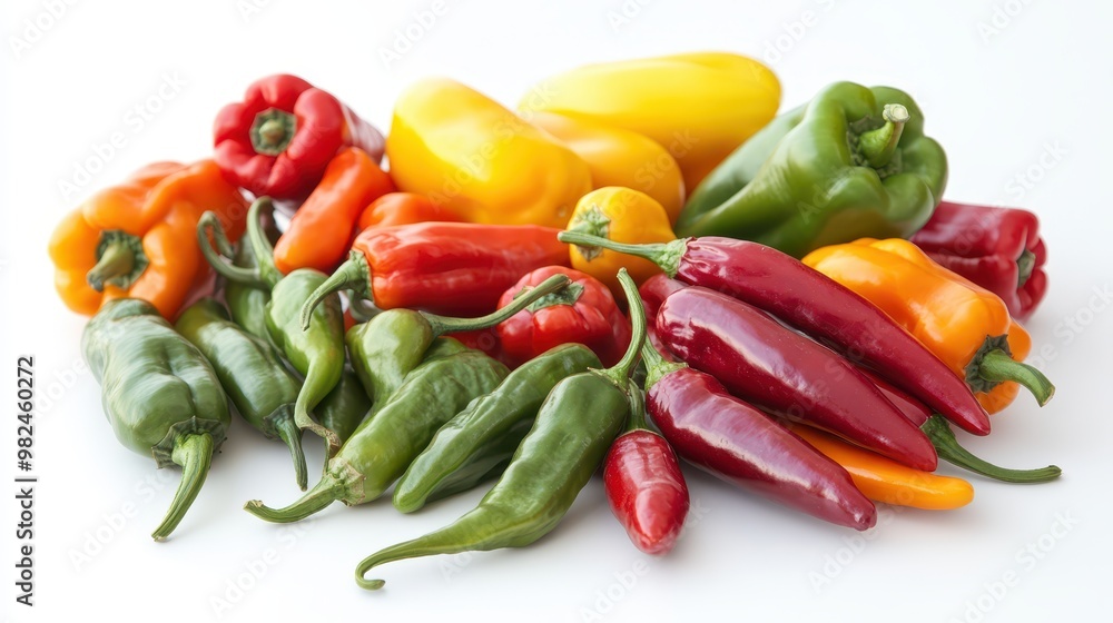Variety of chili peppers: red, green, yellow, and orange on a white background Variety of chili peppers: red, green, yellow, and orange on a white background