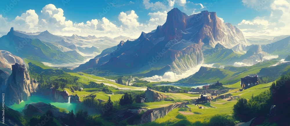 Obraz premium Stunning artwork depicting a picturesque landscape with elevated fields and rugged mountain ranges