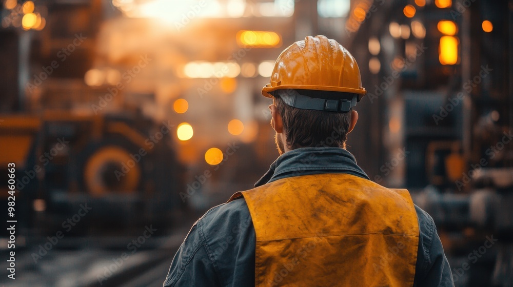 Worker in safety gear observes operations at a busy construction site during sunset in an industrial area Worker in safety gear observes operations at a busy construction site during sunset in an industrial area
