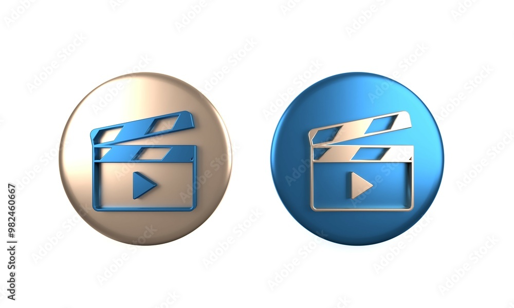 Obraz premium Colorful Movie clapper icon isolated on white background. Film clapper board. Clapperboard sign. Cinema production or media industry. Circle button. 3D render illustration