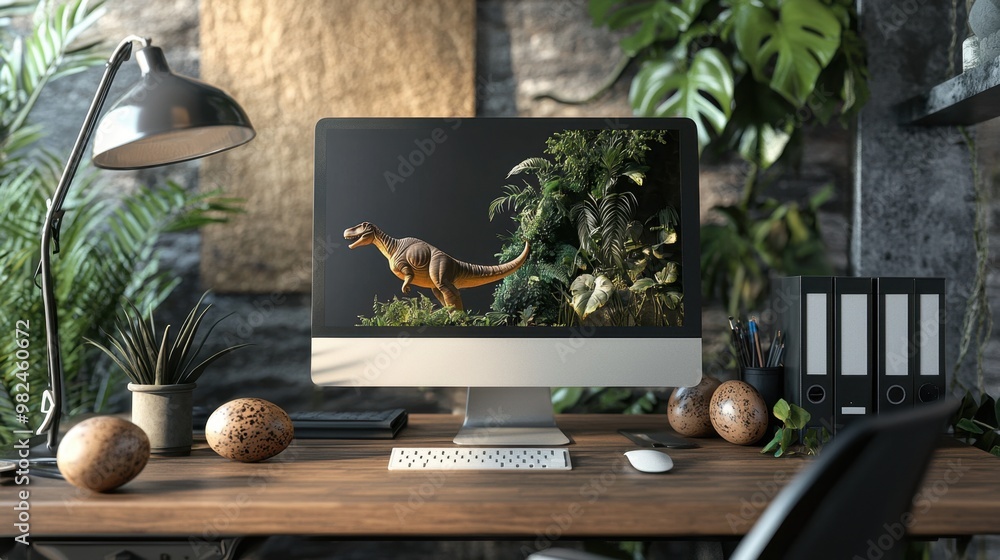 Modern Home Office with Dinosaur on Computer Screen. Modern Home Office with Dinosaur on Computer Screen.