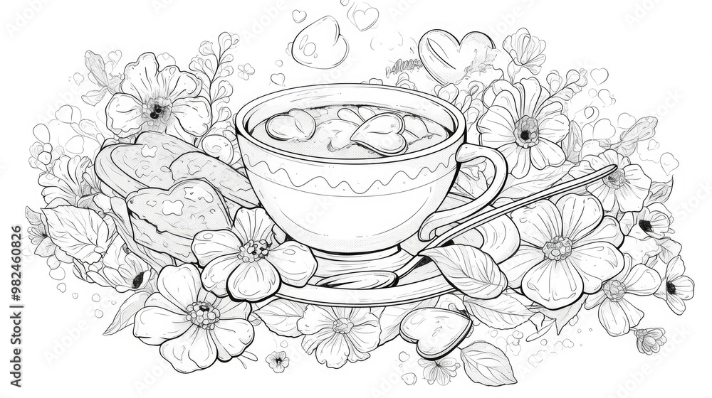 custom made wallpaper toronto digitalCoffee time scene featuring mandala art a mug bread and flowers designed for Valentine s Day greetings Hand drawn inspiration Suitable for adult and kid coloring books Vector illustration