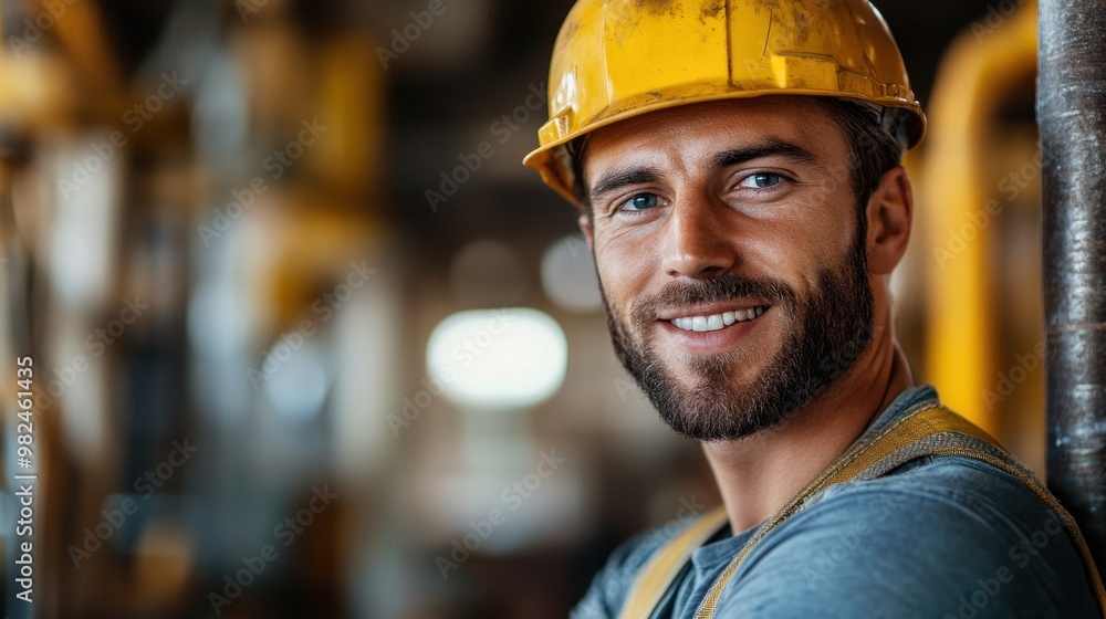 Construction worker smiling confidently in a busy industrial setting wearing a hard hat during daytime operations Construction worker smiling confidently in a busy industrial setting wearing a hard hat during daytime operations