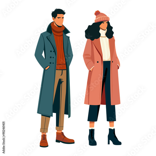 Guy and girl in fall clothes vector realistic illustration. Stylish street style clothing. Coat, winter, spring, fall clothes. 