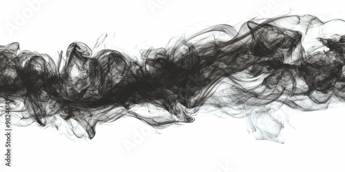 Dark, swirling smoke gracefully billows outward, showcasing intricate patterns and soft edges as it blends into a stark white backdrop, creating an ethereal and captivating display.