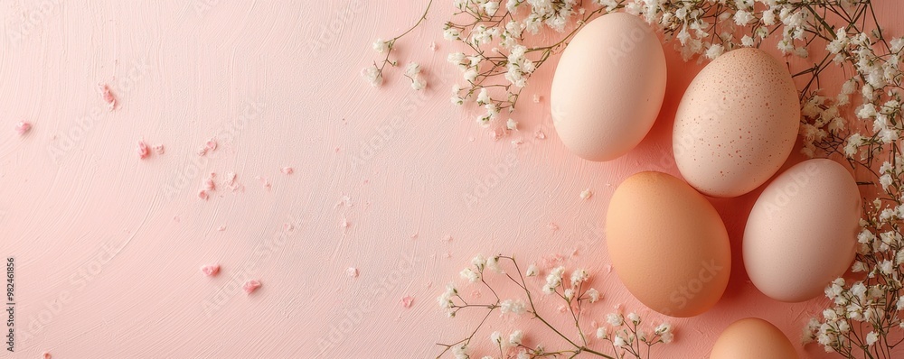 Pink Easter Eggs and White Flowers on Pink Background. Pink Easter Eggs and White Flowers on Pink Background.