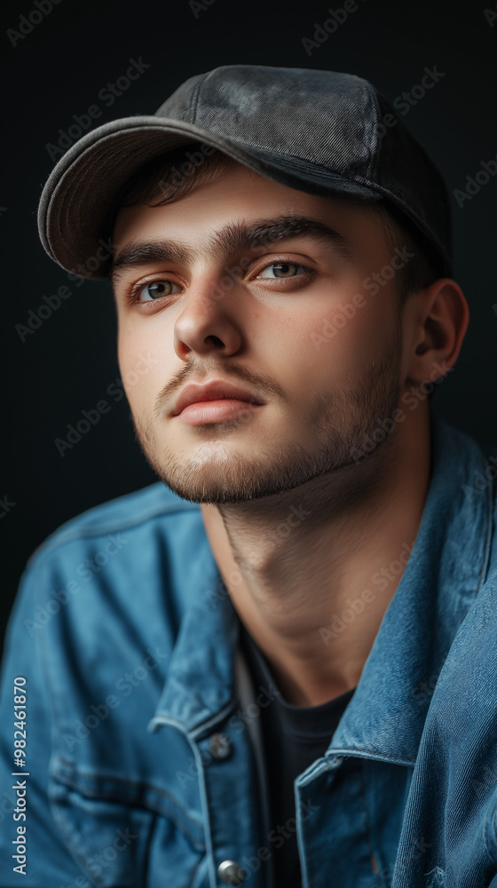 Portrait of a young handsome trendy man wearing a cap of blue jeans color Portrait of a young handsome trendy man wearing a cap of blue jeans color