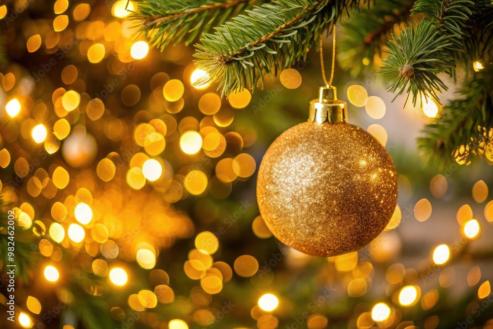 Golden shimmering Christmas ball hangs effortlessly on the elegant tree, surrounded by a soft glow of twinkling lights that dance with festive joy. Golden shimmering Christmas ball hangs effortlessly on the elegant tree, surrounded by a soft glow of twinkling lights that dance with festive joy.