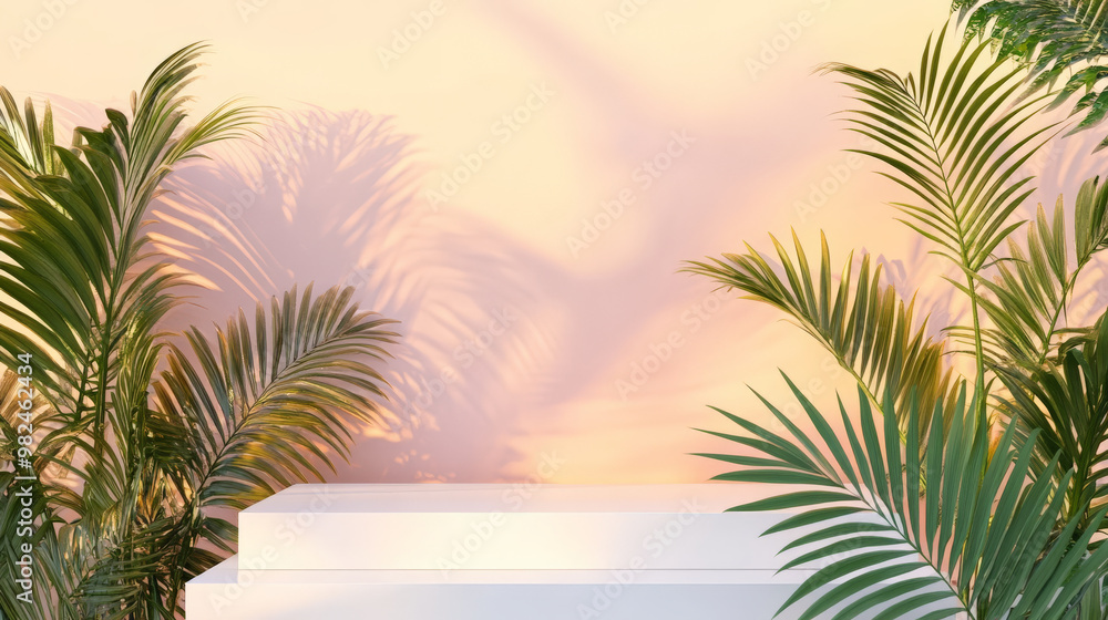 Fototapeta premium A sleek white podium with vibrant palm leaves, set in front of a soft sunset-colored wall, blending tropical beauty with elegance.
