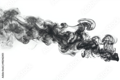 Thick, black smoke ascends in mesmerizing swirls, dancing gracefully against a pristine white background. The soft edges and varying opacity create an atmosphere of intrigue and depth.