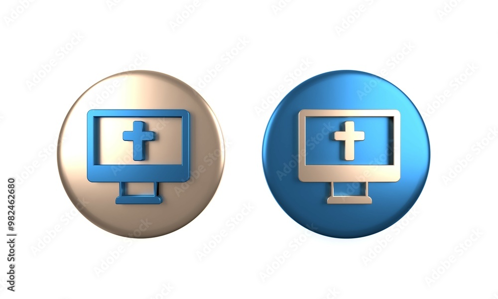 Obraz premium Colorful Christian cross on monitor icon isolated on white background. Church cross. Circle button. 3D render illustration