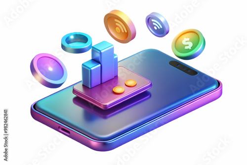 Wallpaper Mural Flat Holographic Smartphone with Floating App Icons - Sleek Glossy Design & Copy Space for Branding in Futuristic Vector Illustration Torontodigital.ca