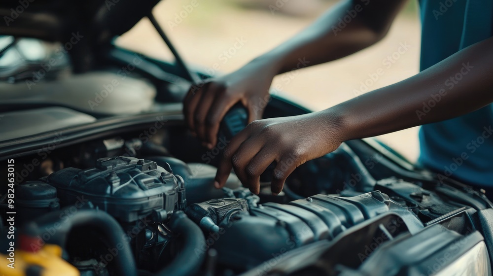 Close-up of a teen hands lifting the hood of a car, revealing the engine as they prepare to troubleshoot mechanical issues. Close-up of a teen hands lifting the hood of a car, revealing the engine as they prepare to troubleshoot mechanical issues.
