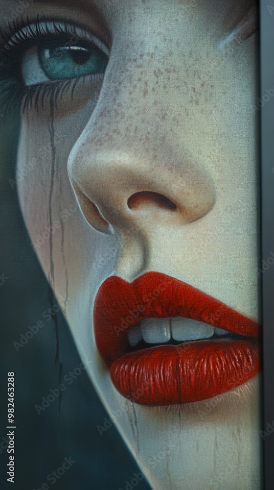Close-Up Portrait of a Woman with Red Lips and Tears Close-Up Portrait of a Woman with Red Lips and Tears