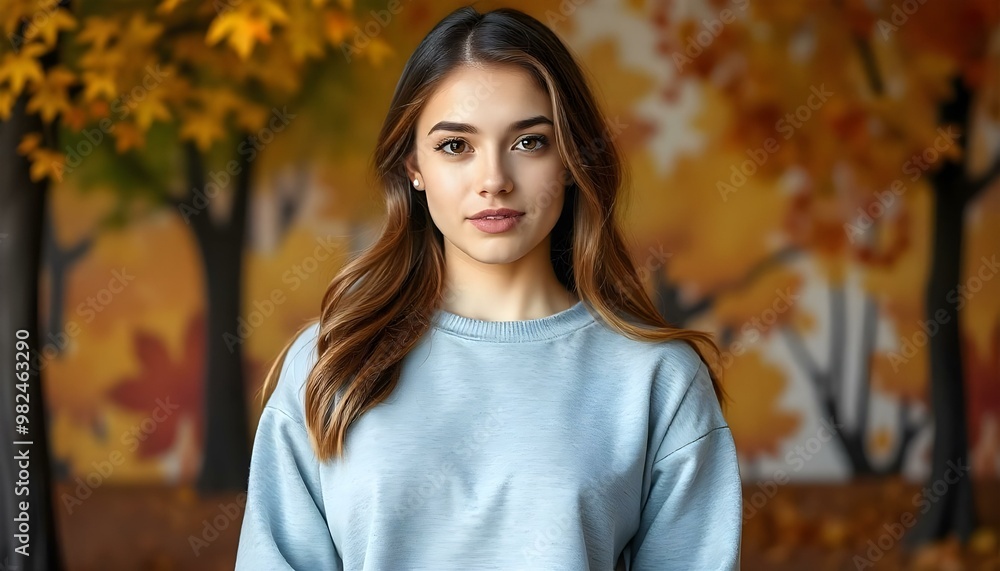 Portrait of a young woman wearing a crewneck blue mockup sweatshirt with fall colors and themed background for autumn season female fashion Portrait of a young woman wearing a crewneck blue mockup sweatshirt with fall colors and themed background for autumn season female fashion