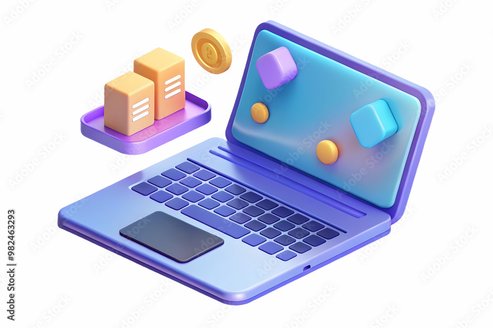 Flat Holographic Laptop on Glossy Surface with Floating Payment Icons - Modern Tech Business Vector Illustration with Copy Space Flat Holographic Laptop on Glossy Surface with Floating Payment Icons - Modern Tech Business Vector Illustration with Copy Space