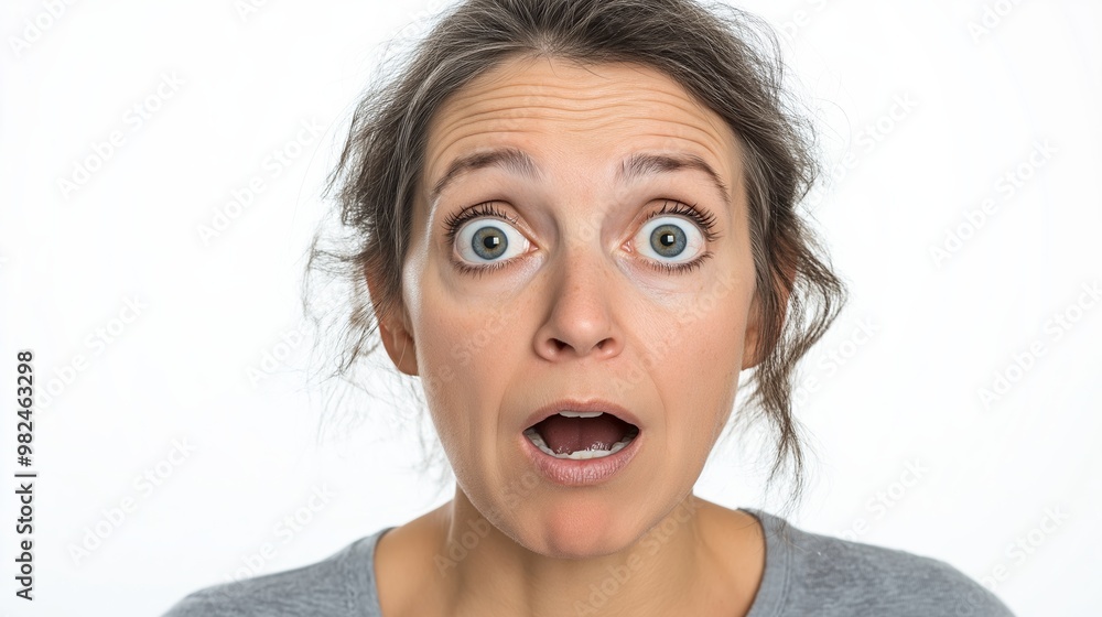 A woman with a surprised expression on her face. She has long hair and is wearing a gray shirt A woman with a surprised expression on her face. She has long hair and is wearing a gray shirt