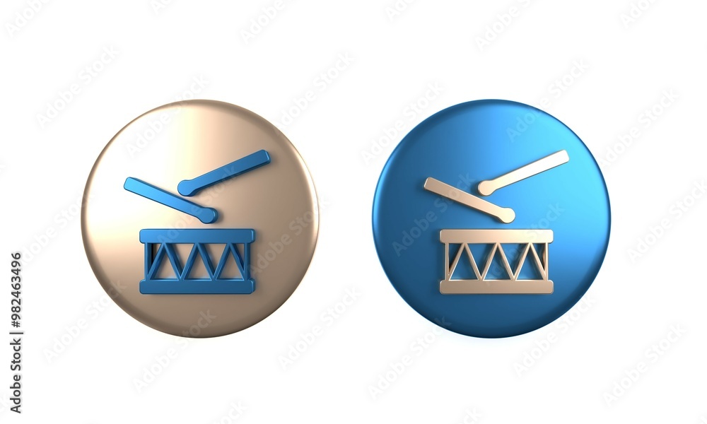 Colorful Drum with drum sticks icon isolated on white background. Music sign. Musical instrument symbol. Circle button. 3D render illustration Colorful Drum with drum sticks icon isolated on white background. Music sign. Musical instrument symbol. Circle button. 3D render illustration