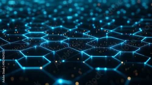 Dynamic hexagonal grid in shades of dark blue and cyan, with glowing connections representing data flow in a high-speed network system.