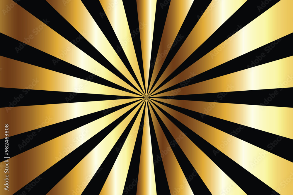 Obraz premium Black background and spiral retro rays vector pattern. Vintage poster of gold and black sun or star explode radial lines, circus, carnival, vip party background. Vector illustration eps 10.