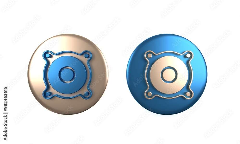 Colorful Stereo speaker icon isolated on white background. Sound system speakers. Music icon. Musical column speaker bass equipment. Circle button. 3D render illustration