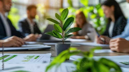 Wallpaper Mural Business team reviewing green investment reports in a meeting room, focus on eco-friendly growth, Green investments initiative Torontodigital.ca