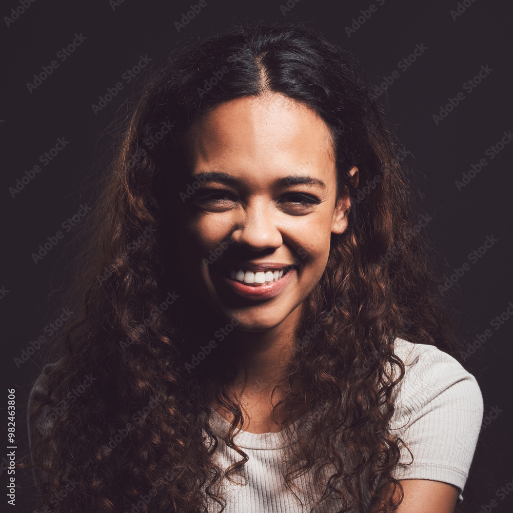 Trauma, portrait and person with smile and bipolar disorder in studio for mental health, psychology and ptsd illness. Identity crisis, mindset and schizophrenia with woman on black background Trauma, portrait and person with smile and bipolar disorder in studio for mental health, psychology and ptsd illness. Identity crisis, mindset and schizophrenia with woman on black background