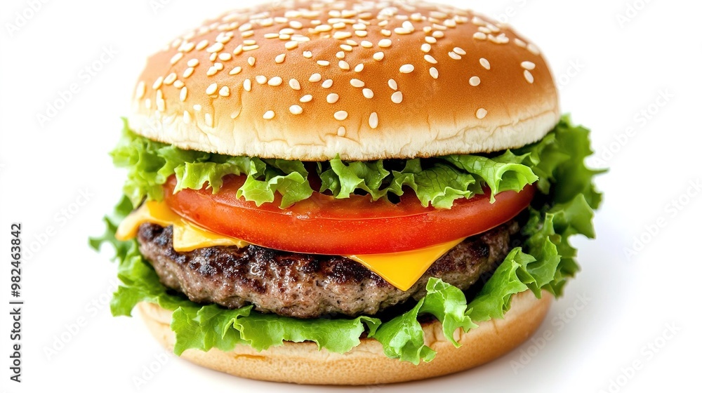 Juicy burger with lettuce, tomato, and cheese isolated on a white background - Juicy burger with lettuce, tomato, and cheese isolated on a white background -