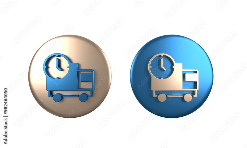 Colorful Logistics delivery truck and time icon isolated on white background. Delivery time icon. Circle button. 3D render illustration Colorful Logistics delivery truck and time icon isolated on white background. Delivery time icon. Circle button. 3D render illustration