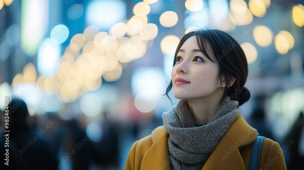 街のクリスマスディスプレイを楽しむ日本人のビジネスウーマン 街のクリスマスディスプレイを楽しむ日本人のビジネスウーマン