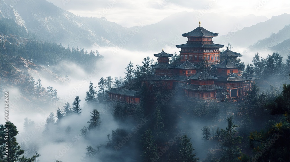 Ancient Temple in a Misty Mountain Landscape Ancient Temple in a Misty Mountain Landscape