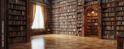 Library alcove with towering bookshelves and a cozy reading nook, filled with classic literature, literary sanctuary, quiet reflection, Classical literary collections photo