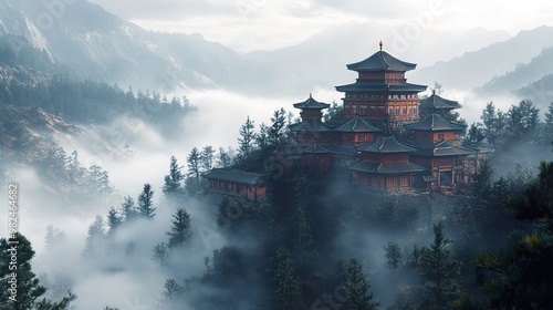 Ancient Temple in a Misty Mountain Landscape