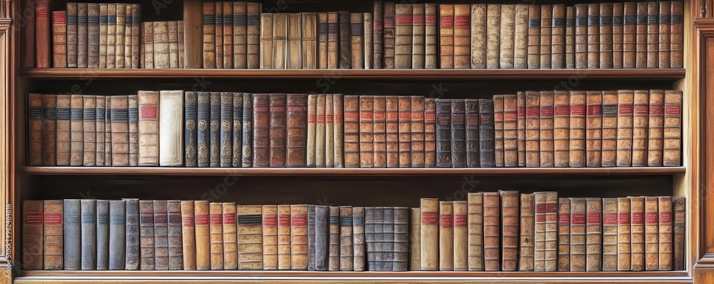 Old wooden shelves in a Victorian study, filled with well-read classics and ink-stained manuscripts, Victorian bookshelf, literary history, Classical literary collections Old wooden shelves in a Victorian study, filled with well-read classics and ink-stained manuscripts, Victorian bookshelf, literary history, Classical literary collections