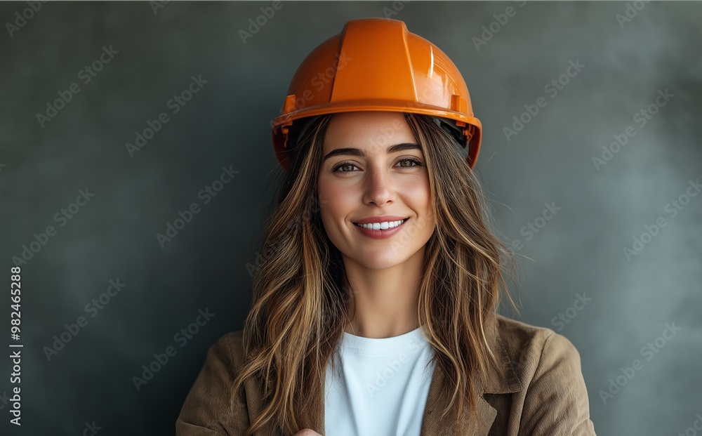 A woman wearing an orange hard hat is smiling. She is wearing a white shirt and a brown jacket A woman wearing an orange hard hat is smiling. She is wearing a white shirt and a brown jacket
