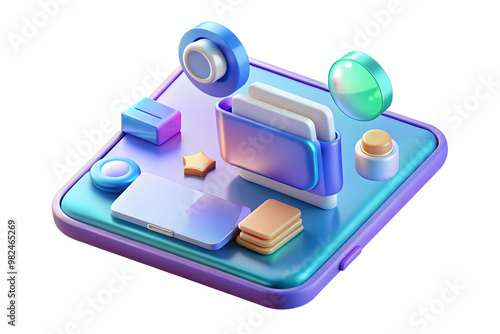 Wallpaper Mural 3D Holographic Tablet with Floating Payment & Promotion Icons on Glossy White Background � Sleek Design for Digital Marketing, Branding & Copy Space Torontodigital.ca