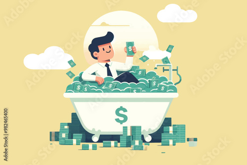 illustration of a smart businessman enjoying his wealth by bathing in a tub filled with money