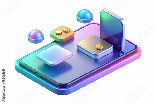 Wallpaper Mural Flat Holographic Smartphone with Floating App Icons in Glossy Design - Modern Vector Illustration with Copy Space for Branding Torontodigital.ca