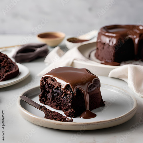 A slice of rich chocolate cake with a gooey, molten center, drizzled with chocolate sauce and served on a gray plate. photo