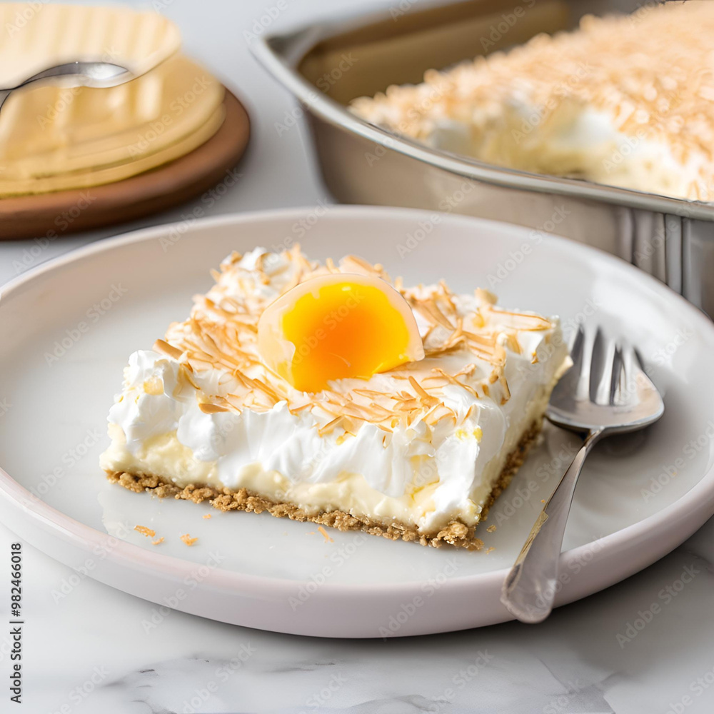 A slice of lemon lush with a graham cracker crust, creamy lemon filling, topped with whipped cream and a sunny-side-up egg yolk. A slice of lemon lush with a graham cracker crust, creamy lemon filling, topped with whipped cream and a sunny-side-up egg yolk.