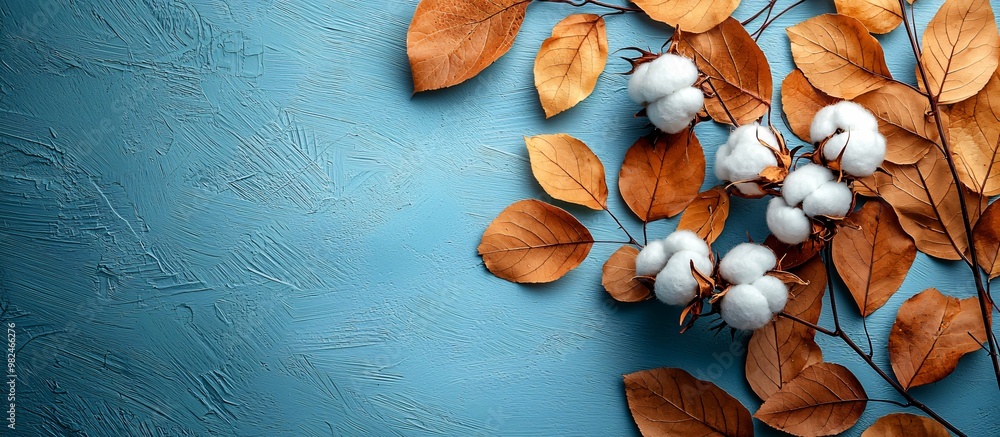Artful arrangement of dried leaves and cotton bolls on a light blue background, perfect for Thanksgiving and Halloween décor and invitations, with copy space. Artful arrangement of dried leaves and cotton bolls on a light blue background, perfect for Thanksgiving and Halloween décor and invitations, with copy space.