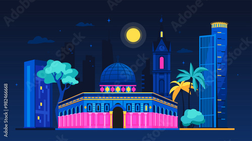 Old and new Jerusalem - modern colored vector illustration with Al-Aqsa Mosque, Jaffa clock tower. Night city in neon lights, Israeli architecture, historical and business buildings. Moon shine